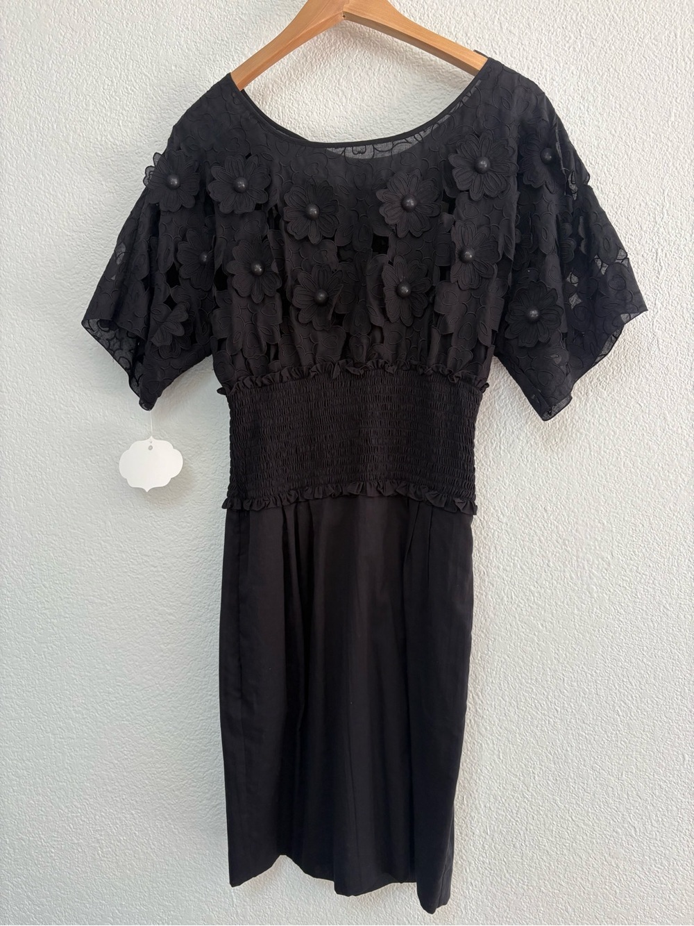 Black Floral Appliqué Midi Dress with Smocked Waist